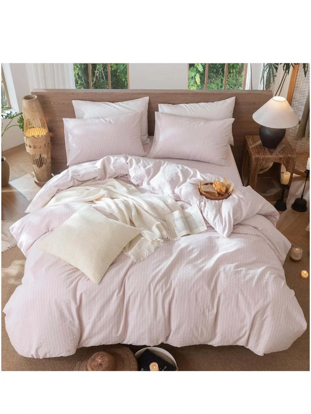 QUEEN Striped Duvet Set 3Pc. 100% Cotton 200 Thread Count GRAYISH PINK & WHITE